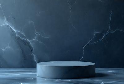 The primary subject of the image is a large, round, white object, possibly a table or a sculpture, placed on a marble surface. The setting is a dark room with a blue wall, which adds a dramatic and moody atmosphere to the scene. The visual style appears to be a photo, as the object is captured in detail and the colors are natural and vibrant. The dominant colors are blue and white, creating a sense of depth and contrast in the image.