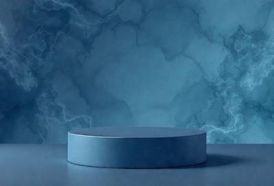 The primary subject of the image is a blue, circular object, possibly a table or a piece of art, placed against a blue wall. The setting appears to be a room with a blue-toned atmosphere. The visual style of the image is a combination of photo and digital art, creating a unique and eye-catching appearance. The dominant colors in the image are blue and grey, which contribute to the overall mood of the scene.