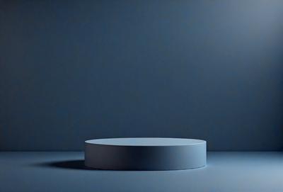 The primary subject of the image is a large, round, white object, which appears to be a light or a piece of art. The setting is a dark blue background, which contrasts with the white object. The visual style of the image is a close-up, focusing on the round object. The colors and mood of the image are predominantly dark and moody, with the white object standing out against the blue background.