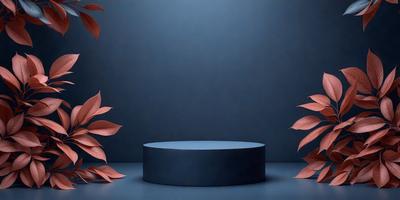 The primary subject of the image is a blue circular object, possibly a table or a vase, placed on a blue surface. The setting is a dark room with a blue background, creating a moody atmosphere. The visual style appears to be a photo, as the colors and details are realistic. The dominant colors are blue and black, with the blue surface and the dark room creating a sense of depth and contrast.