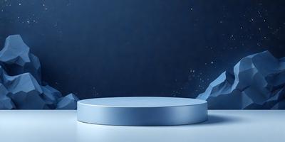 The primary subject of the image is a large, round, blue object, possibly a table or a dome, placed on a white surface. The setting appears to be a dark, star-filled sky, creating a dramatic and atmospheric backdrop. The visual style of the image is a combination of photo and digital art, giving it a unique and captivating appearance. The colors and mood of the image are predominantly dark and moody, with the blue object standing out against the starry sky.