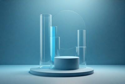 The primary subject of the image is a blue vase with a clear glass top. The vase is placed on a white surface, which serves as the setting. The visual style of the image is a photo, capturing the vase and its surroundings. The colors and mood of the image are predominantly blue, creating a calm and serene atmosphere.