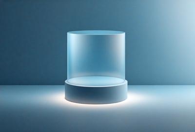 The primary subject of the image is a blue, transparent, and round object, which appears to be a light fixture or a piece of art. The setting is a white background, which provides a clean and minimalist appearance. The visual style is a combination of digital art and photography, creating a unique and modern look. The colors and mood of the image are predominantly blue, which gives it a calm and serene atmosphere.