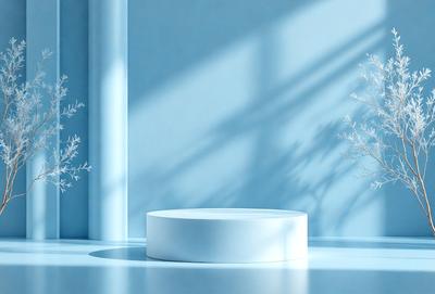 The primary subject of the image is a white, round, flat object, possibly a table or a piece of art, placed on a blue surface. The setting is a room with a blue wall, and the visual style appears to be a photo. The colors and mood of the image are predominantly blue and calm, creating a serene atmosphere.