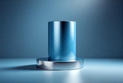 The primary subject of the image is a tall, blue glass cylinder. The setting is a blue background, which creates a striking contrast with the blue glass. The visual style is a photo, capturing the details of the glass cylinder. The colors and mood of the image are predominantly blue, giving it a calm and serene atmosphere.