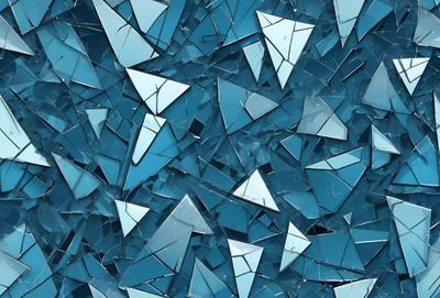 The primary subject of the image is a blue background with a pattern of triangular glass pieces. The setting is a blue sky, and the visual style is a combination of photo and digital art. The colors are predominantly blue, and the overall atmosphere is calm and serene.