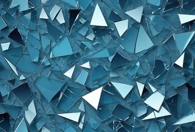 The primary subject of the image is a blue background with a pattern of triangular mirrors. The setting is a blue wall with a mirrored pattern, creating a visually appealing and unique design. The visual style is a combination of digital art and illustration, as the mirrored pattern is created through a digital medium. The colors and mood of the image are predominantly blue, giving it a calm and serene atmosphere.