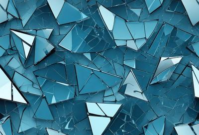 The primary subject of the image is a blue background with a pattern of broken glass or mirrored pieces. The setting is a blue wall, and the visual style appears to be a digital art or illustration. The colors and mood of the image are predominantly blue, creating a calm and serene atmosphere.