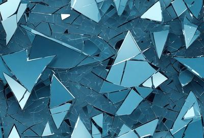 The primary subject of the image is a blue glass wall with many broken pieces of glass. The setting is a room with a blue background, and the visual style is a close-up of the broken glass. The colors and mood of the image are predominantly blue, creating a calm and serene atmosphere.