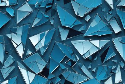 The primary subject of the image is a blue glass wall with many small, square pieces of glass. The setting is a room with a blue background, and the visual style is a close-up of the glass wall. The colors and mood of the image are predominantly blue, creating a calm and serene atmosphere.