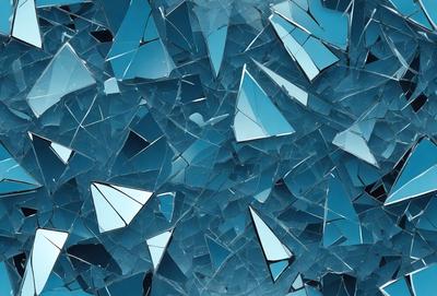 The primary subject of the image is a blue background with a pattern of broken glass or shattered mirrors. The setting is a blue sky, and the visual style appears to be a digital art or illustration. The colors and mood of the image are predominantly blue, creating a calm and serene atmosphere.
