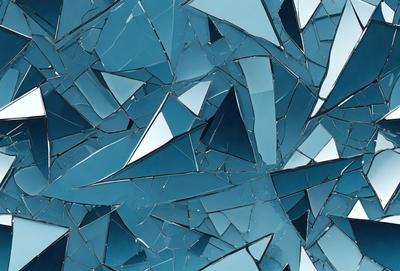 The primary subject of the image is a blue glass wall with a mirrored surface. The setting is a room with a blue background, and the visual style is a combination of a photo and digital art. The dominant colors are blue and white, creating a calm and serene atmosphere.