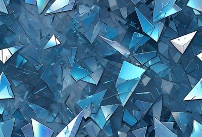 The primary subject of the image is a close-up of a blue glass surface, which appears to be a shattered glass or a blue glass wall. The setting is a dark blue background, which contrasts with the blue glass. The visual style is a close-up of the glass, showcasing its texture and color. The colors and mood of the image are predominantly blue, creating a calm and serene atmosphere.