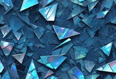 The primary subject of the image is a collection of blue and purple glass shards, which are arranged in a visually appealing manner. The setting is a blue background, which provides a contrasting and complementary color to the glass shards. The visual style of the image is a combination of digital art and illustration, as the glass shards are carefully arranged and positioned to create a cohesive and aesthetically pleasing composition. The colors and mood of the image are predominantly blue and purple,