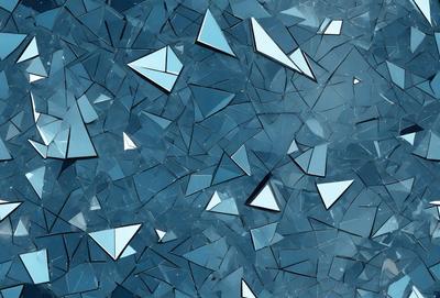 The primary subject of the image is a blue glass surface with various shapes and angles. The setting is a blue background, and the visual style appears to be a combination of photo and digital art. The dominant colors are blue and white, creating a calm and serene atmosphere.