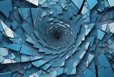 The primary subject of the image is a large, blue, spiral-shaped structure, which appears to be made of broken glass or shattered mirrors. The setting is a dark, enclosed space, and the visual style is a combination of digital art and illustration. The colors and mood of the image are predominantly dark and moody, with the blue hue of the spiral structure creating a striking contrast against the surrounding darkness.