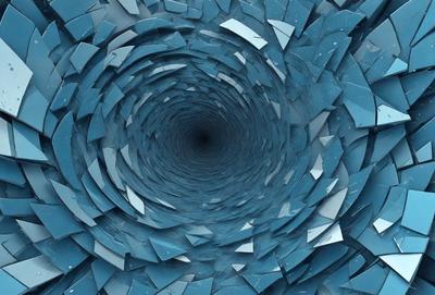 The primary subject of the image is a large, dark, and circular hole in the center of a blue, circular, and patterned surface. The setting appears to be a futuristic or abstract environment, with the circular surface possibly resembling a hologram or a piece of art. The visual style of the image is a combination of photo and digital art, creating a unique and intriguing scene. The dominant colors in the image are blue and black, giving the scene a dark and mysterious atmosphere.