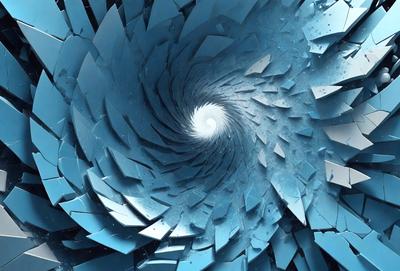 The primary subject of the image is a spiral or vortex, which is a large, blue, circular structure. The setting is a blue background, and the visual style appears to be a digital art or illustration. The colors and mood of the image are predominantly blue, creating a sense of depth and intrigue.