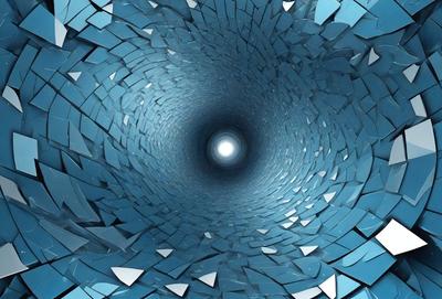The primary subject of the image is a large, dark tunnel with a bright light at the end. The setting is a dark, winding tunnel, and the visual style is a digital art or illustration. The colors and mood of the image are predominantly dark, with the bright light at the end creating a contrasting effect.