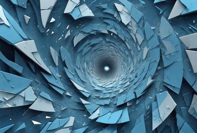 The primary subject of the image is a large, spiral-shaped tunnel with a blue color scheme. The tunnel is surrounded by a variety of blue and white shards, creating a visually striking and unique environment. The setting appears to be a futuristic or abstract space, with the tunnel as the central focus. The visual style of the image is a combination of digital art and illustration, giving it a modern and artistic appearance. The colors and mood of the image are predominantly blue and white, with a sense