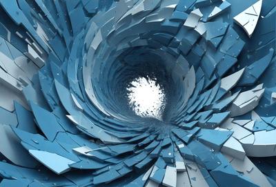 The primary subject of the image is a large, blue, spiral-shaped structure. The setting is a blue background, and the visual style appears to be a digital art or illustration. The colors and mood of the image are predominantly blue, creating a sense of depth and intrigue.