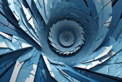 The primary subject of the image is a spiral or tunnel-like structure, which appears to be made of blue glass or a similar material. The setting is a dark, enclosed space, and the visual style is a combination of digital art and illustration. The colors and mood of the image are predominantly dark and mysterious, with the blue glass or material creating a striking contrast against the black background.