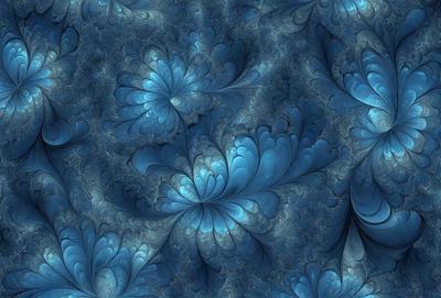 The primary subject of the image is a blue and white floral pattern. The setting is a blue background, which creates a visually appealing contrast with the floral design. The visual style is a combination of digital art and illustration, giving the image a unique and artistic appearance. The dominant colors are blue and white, creating a calm and serene atmosphere.