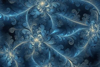 The primary subject of the image is a blue and white floral pattern. The setting is a blue background, which creates a striking contrast with the white flowers. The visual style is a combination of digital art and illustration, giving the image a unique and artistic appearance. The dominant colors are blue and white, creating a calm and serene atmosphere.