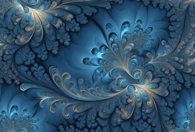 The primary subject of the image is a blue and gold swirling pattern, which appears to be a digital art or illustration. The setting is a blue background, and the visual style suggests that it is a digital artwork or a pattern. The colors and mood of the image are predominantly blue and gold, creating a sense of elegance and sophistication.