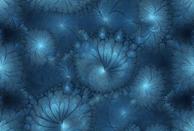 The primary subject of the image is a blue background with a pattern of swirling, flowing, and spiraling shapes. The setting appears to be a blue sky, and the visual style is a combination of digital art and illustration. The colors and mood of the image are predominantly blue, creating a serene and calming atmosphere.
