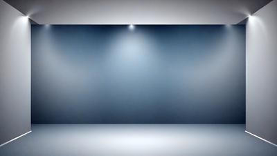 The primary subject of the image is a large, empty room with a blue wall. The setting is a white room with a blue wall, and the visual style is a photo. The colors and mood of the image are predominantly blue, creating a calm and serene atmosphere.