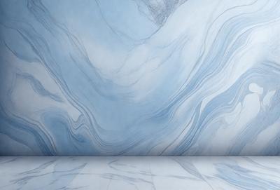 The primary subject of the image is a marble tile wall with a blue and white color scheme. The setting is a room with a blue and white marble tile floor. The visual style is a photo of the marble tile wall. The colors and mood of the image are predominantly blue and white, creating a clean and elegant atmosphere.
