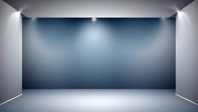 The primary subject of the image is a large, empty room with a blue wall. The setting is a white room with a blue wall, and the visual style is a photo. The colors and mood of the image are predominantly blue, creating a calm and serene atmosphere.