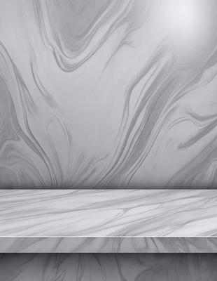 The primary subject of the image is a marble countertop with a patterned surface. The setting is a room with a gray wall behind the countertop. The visual style is a photo of the marble countertop, showcasing its unique pattern. The colors and mood of the image are predominantly gray, giving it a sophisticated and elegant appearance.