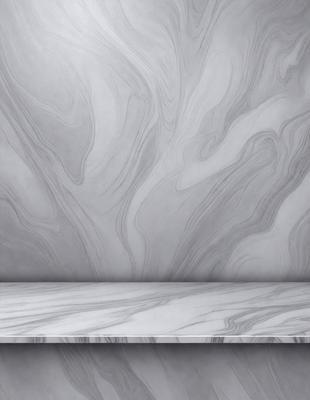 The primary subject of the image is a marble countertop with a gray and white marble pattern. The setting is a room with a gray and white marble wall, which complements the countertop. The visual style is a photo of the countertop and wall, showcasing the natural beauty of the marble. The colors and mood of the image are predominantly gray and white, giving it a clean and elegant appearance.
