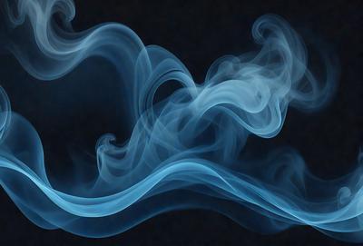 The primary subject of the image is a blue smoke or vapor, which appears to be a part of a larger, more complex pattern. The setting is a dark background, which contrasts with the blue smoke. The visual style of the image is a combination of photo and digital art, creating a unique and intriguing appearance. The colors and mood of the image are predominantly blue, with a slightly mysterious and captivating atmosphere.