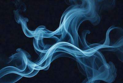 The primary subject of the image is a blue smoke or vapor, which appears to be a digital art or illustration. The setting is a dark background, and the visual style gives the impression of a futuristic or surreal scene. The dominant colors are blue and white, creating a calm and mysterious atmosphere.