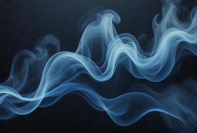 The primary subject of the image is a blue smoke or vapor, which appears to be a digital art or illustration. The setting is a dark background, and the visual style gives the impression of a surreal or futuristic scene. The dominant colors are blue and white, creating a calm and serene atmosphere.