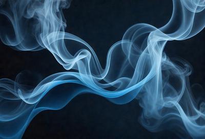 The primary subject of the image is a blue smoke or vapor, which appears to be a part of a larger, more complex scene. The setting is a dark background, which contrasts with the blue smoke. The visual style of the image is a close-up of the blue smoke, emphasizing its texture and movement. The colors and mood of the image are predominantly dark and moody, with the blue smoke being the main focal point.