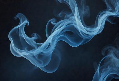 The primary subject of the image is a blue smoke or vapor, which appears to be a digital art or illustration. The setting is a dark background, and the visual style gives the impression of a surreal or dreamy atmosphere. The colors and mood of the image are predominantly blue, creating a sense of calmness and tranquility.
