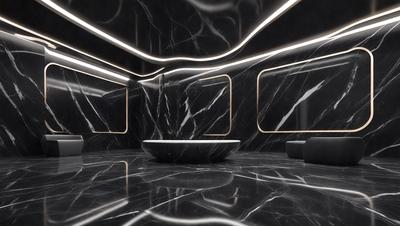 The primary subject of the image is a large, black, circular sink. The sink is situated in a bathroom with a black marble countertop. The setting is a modern bathroom with a black marble floor and walls. The visual style is a photo, capturing the sink and its surroundings in detail. The colors and mood of the image are predominantly black, giving it a sleek and sophisticated appearance.