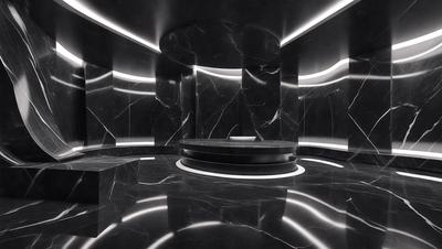 The primary subject of the image is a large, round, black marble table. The table is situated in a room with a black marble floor, and it appears to be the focal point of the space. The setting is a room with a black marble wall, and the visual style is a photo. The colors and mood of the image are predominantly black, giving it a sleek and modern appearance.