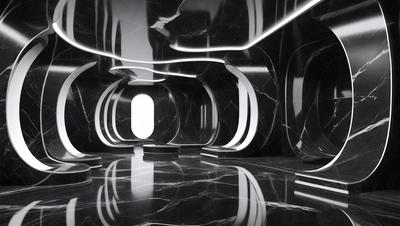 The primary subject of the image is a large, dark room with a marble floor. The setting is a hallway with a black and white color scheme. The visual style is a black and white photo, giving the image a classic and timeless appearance. The dominant colors are black and white, creating a moody and dramatic atmosphere.