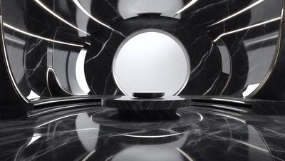 The primary subject of the image is a large, round mirror with a black frame. The mirror is placed on a black marble table, which is the main object of the scene. The setting is a room with a black marble wall, which serves as the backdrop for the mirror. The visual style of the image is a photo, capturing the details of the mirror and the table. The colors and mood of the image are predominantly black, giving it a sleek and modern appearance.