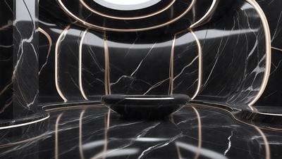 The primary subject of the image is a large, black marble bowl placed on a black marble countertop. The setting is a room with a black marble wall, and the visual style appears to be a photo. The colors and mood of the image are predominantly dark and moody, with the black marble surfaces creating a dramatic and luxurious atmosphere.