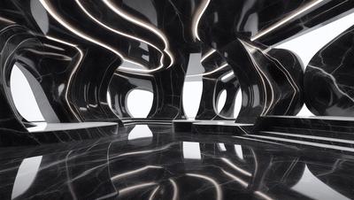 The primary subject of the image is a large, dark room with a marble floor. The setting is a modern, industrial space with a black and white color scheme. The visual style is a combination of photo and digital art, creating a unique and striking atmosphere. The room features a large, curved wall and a large, curved bench, adding to the overall aesthetic.