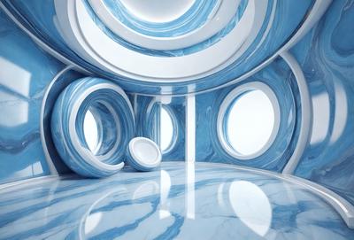 The primary subject of the image is a large, open, and empty room with a blue and white color scheme. The room features a circular design, and there are several round, white, and blue objects scattered throughout the space. The setting appears to be a futuristic or modern environment, possibly a museum or an art gallery. The visual style of the image is a combination of digital art and illustration, creating a unique and captivating atmosphere. The colors and mood of the room are calming and serene, with the blue