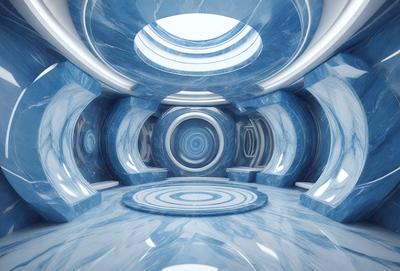 The primary subject of the image is a large, open, and empty room with a blue marble-like surface. The room appears to be a futuristic space with a circular design. The setting/background features a blue marble-like surface, which gives the room a unique and modern appearance. The visual style of the image is a combination of photo and digital art, creating a realistic yet futuristic atmosphere. The colors and mood of the room are predominantly blue, giving it a calm and serene ambiance