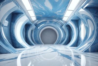 The primary subject of the image is a large, round, blue-tinted glass wall. The setting is a room with a blue-tinted glass wall, and the visual style appears to be a combination of photo and digital art. The dominant colors are blue and white, creating a calm and serene atmosphere.