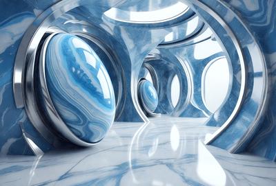 The primary subject of the image is a series of blue and white spheres, which are arranged in a circular pattern. The setting is a white, marble-like surface, which serves as the background for the spheres. The visual style of the image is digital art, as it appears to be a computer-generated or digitally rendered scene. The dominant colors in the image are blue and white, creating a serene and calming atmosphere.